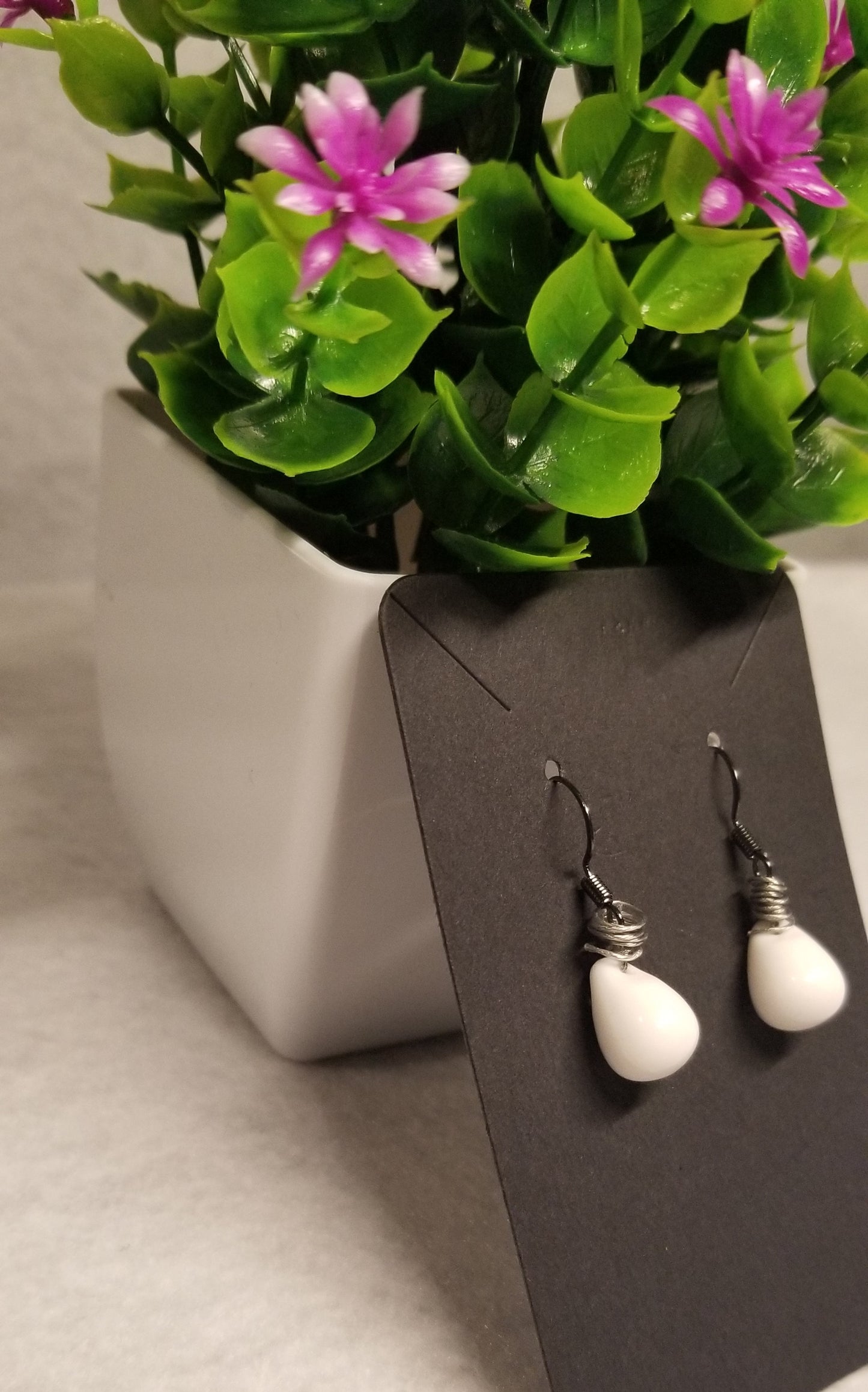 White Tear Drop Wire Wrapped Silver Earrings