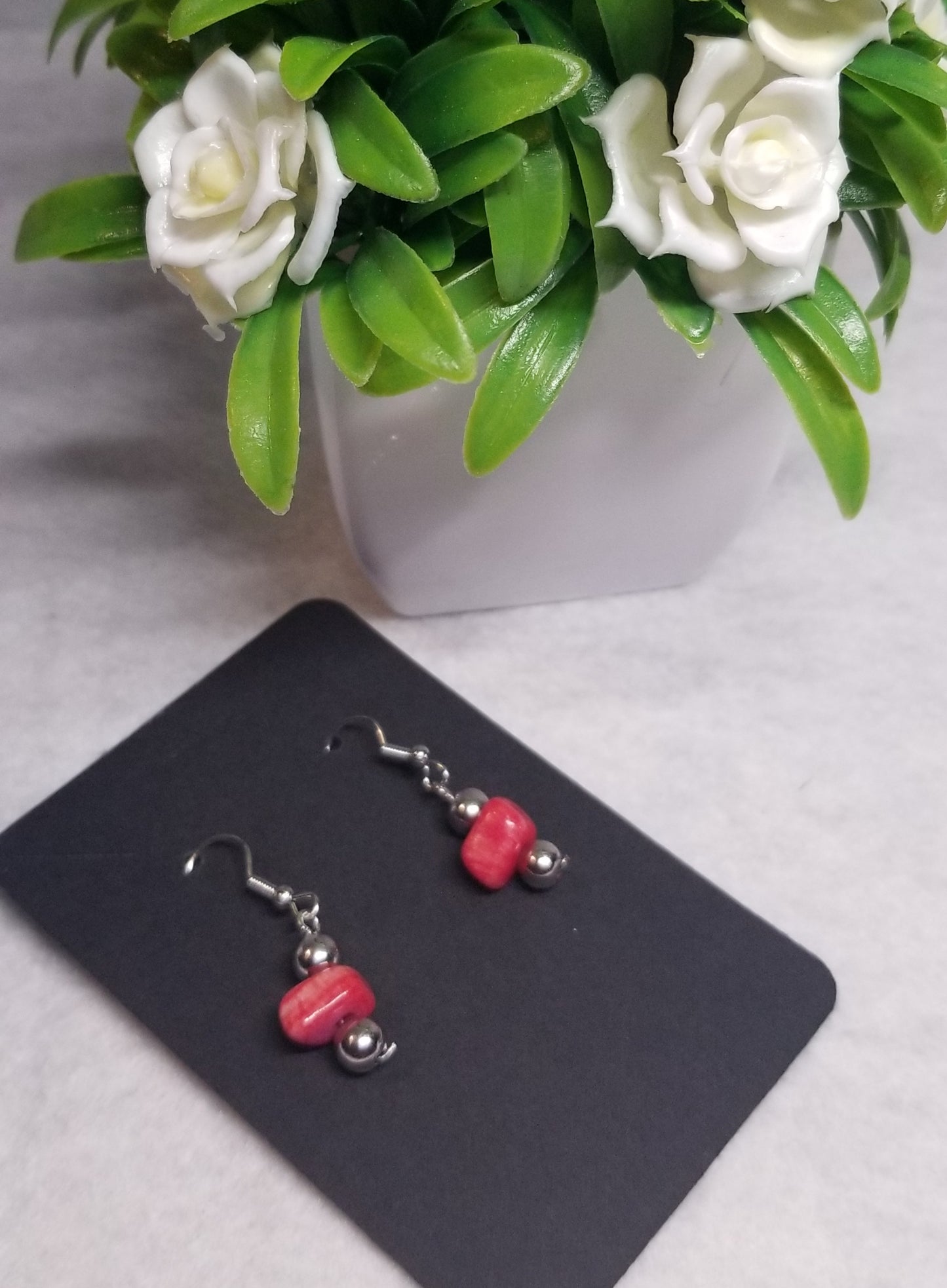 Red Stone With Silver Bead Dangling Earrings