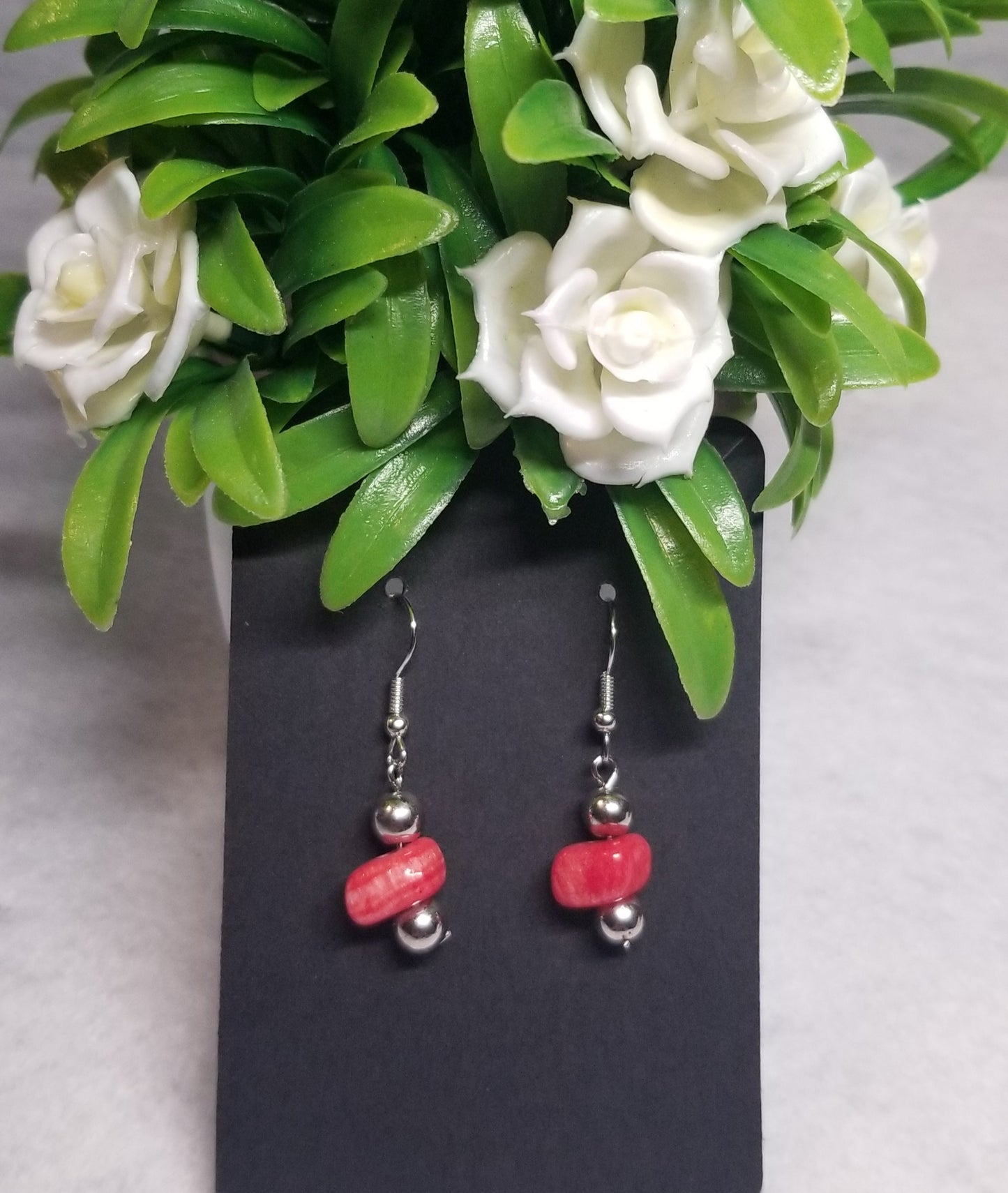 Red Stone With Silver Bead Dangling Earrings