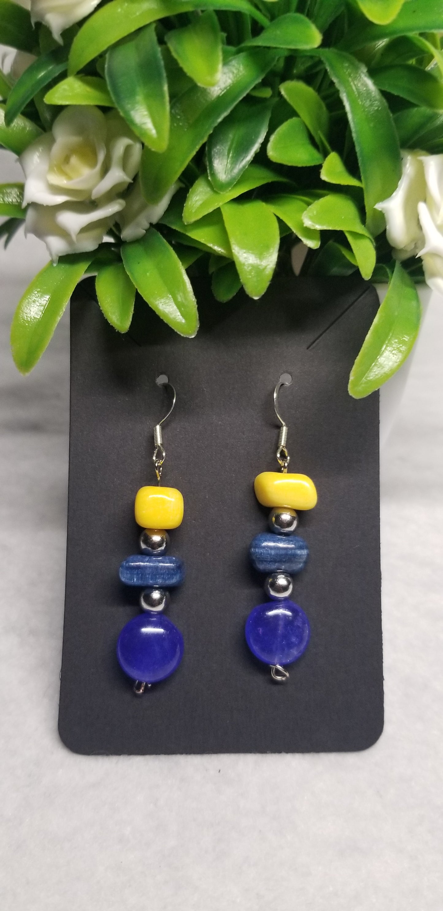 Yellow and Blue Triple Tier Dangle Earrings