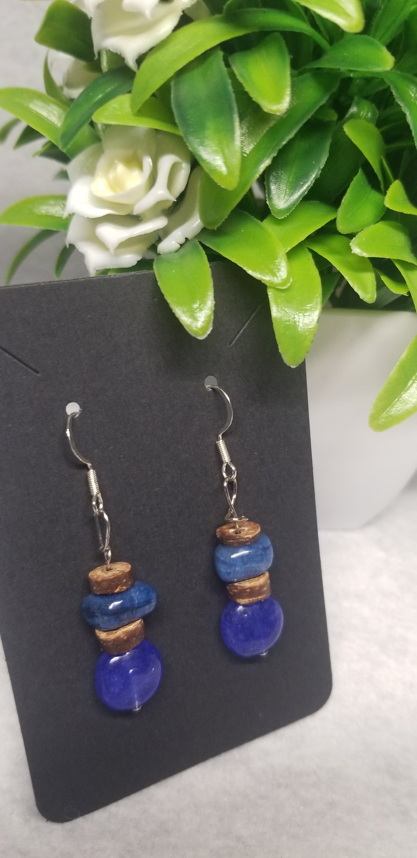 Blue and Brown Wooded Bead Earrings