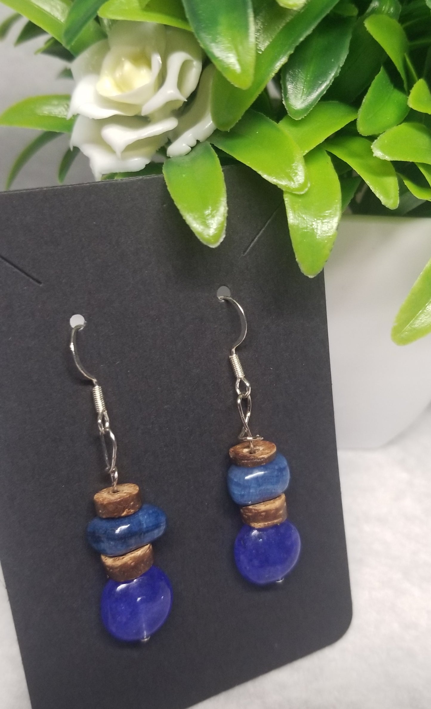 Blue and Brown Wooded Bead Earrings