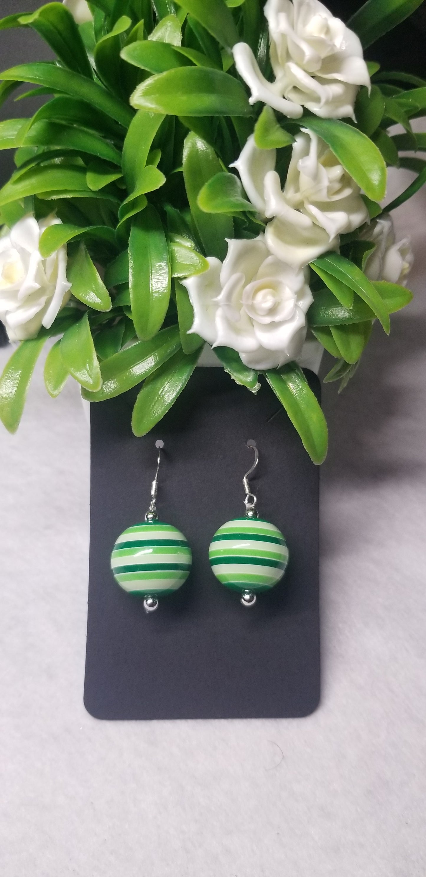 Green Striped Beaded Earrings