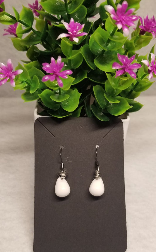 White Tear Drop Wire Wrapped Silver Earrings