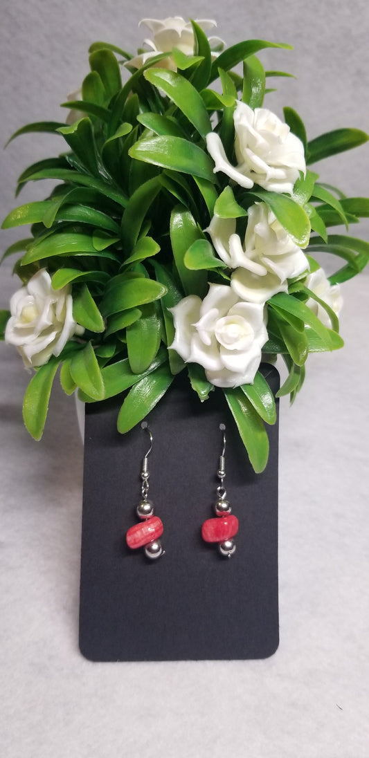 Red Stone With Silver Bead Dangling Earrings