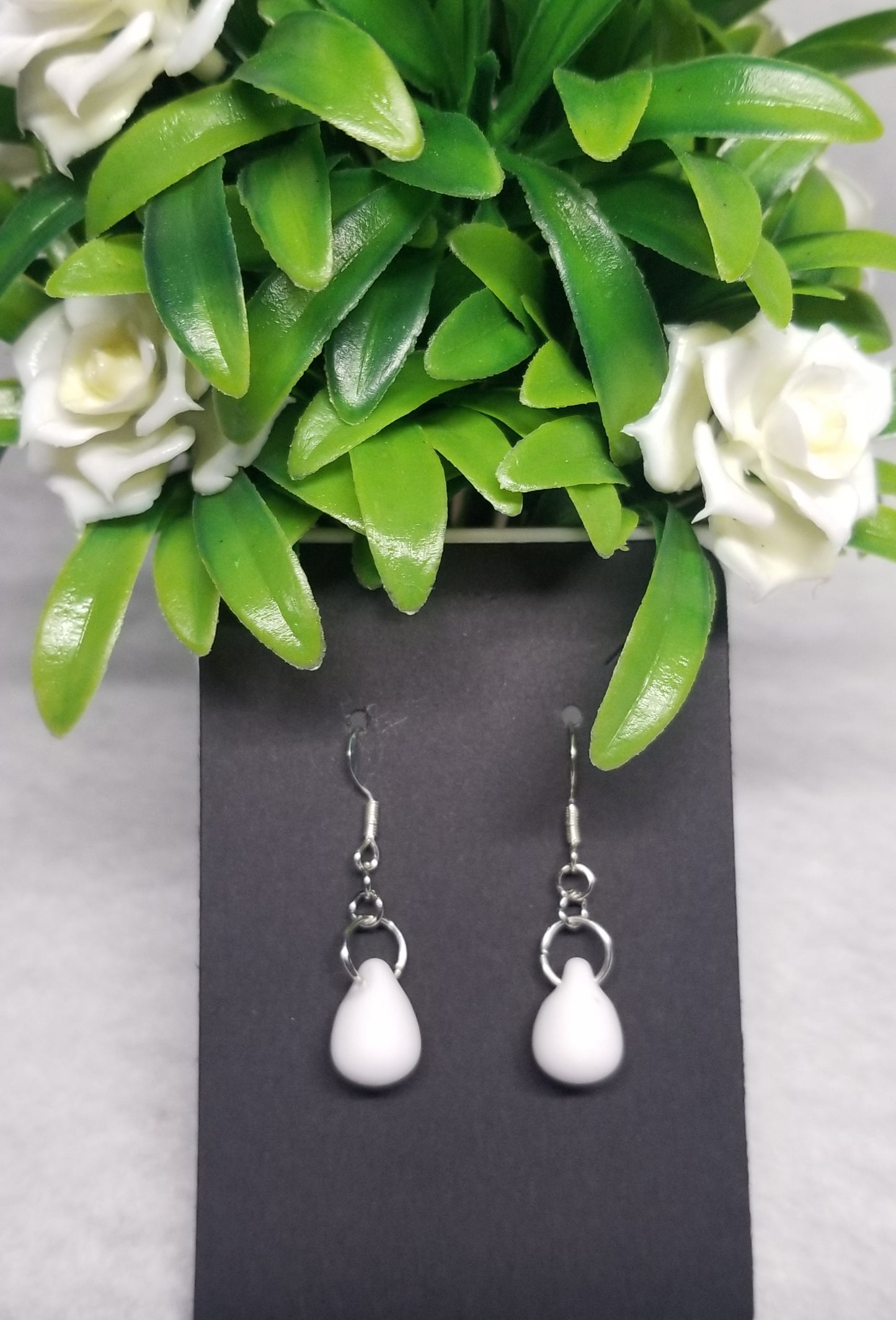 Silver Ring White Tear Drop Earrings