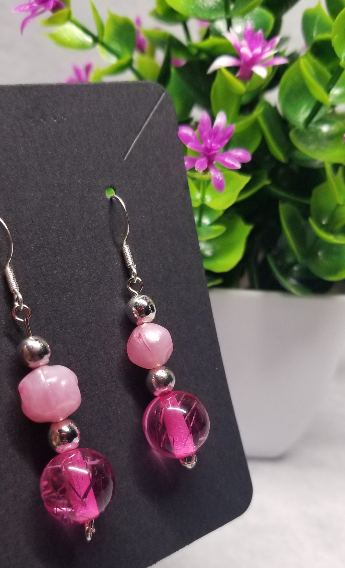 Pink Duo and Silver Beaded Dangle Earrings