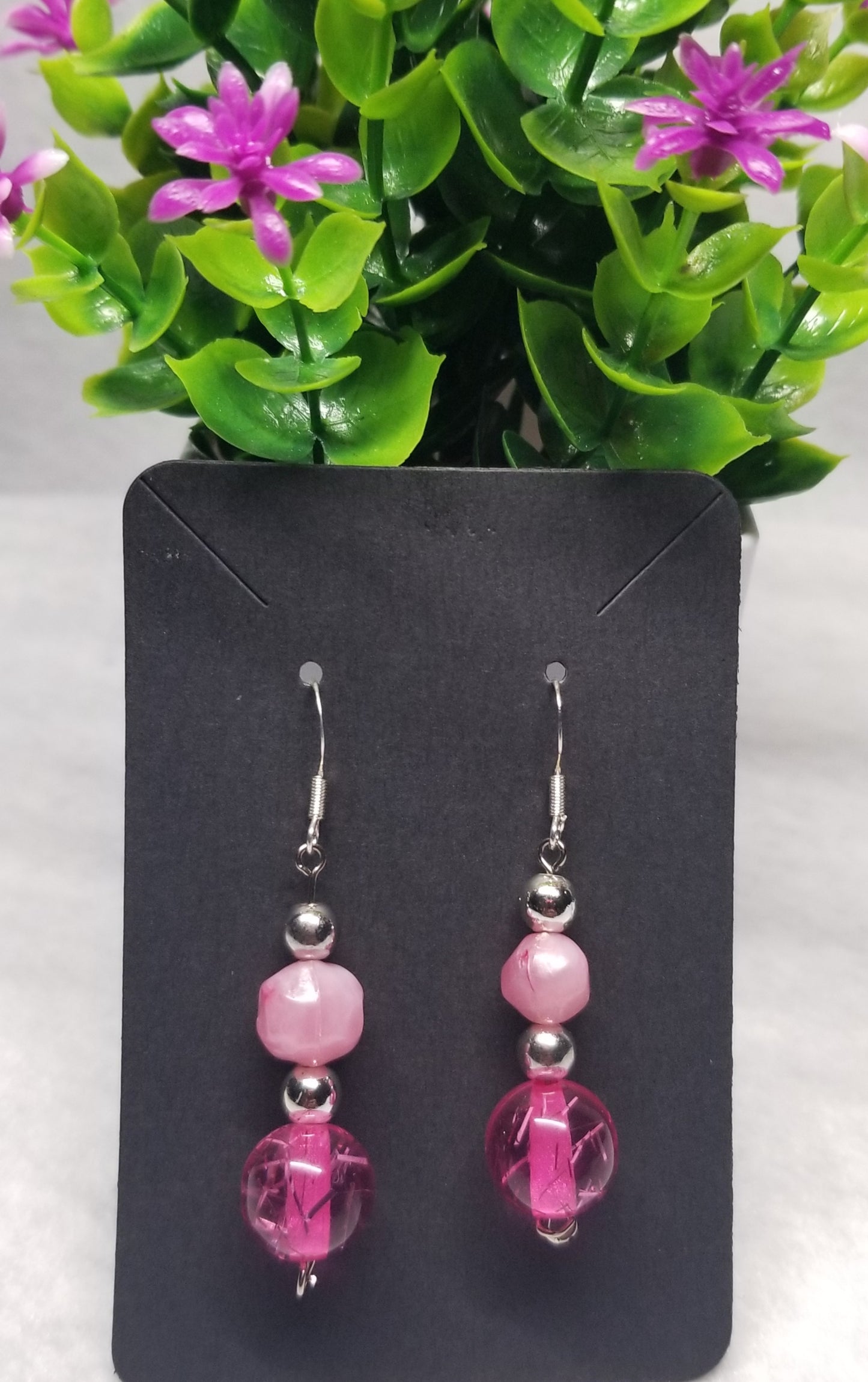 Pink Duo and Silver Beaded Dangle Earrings