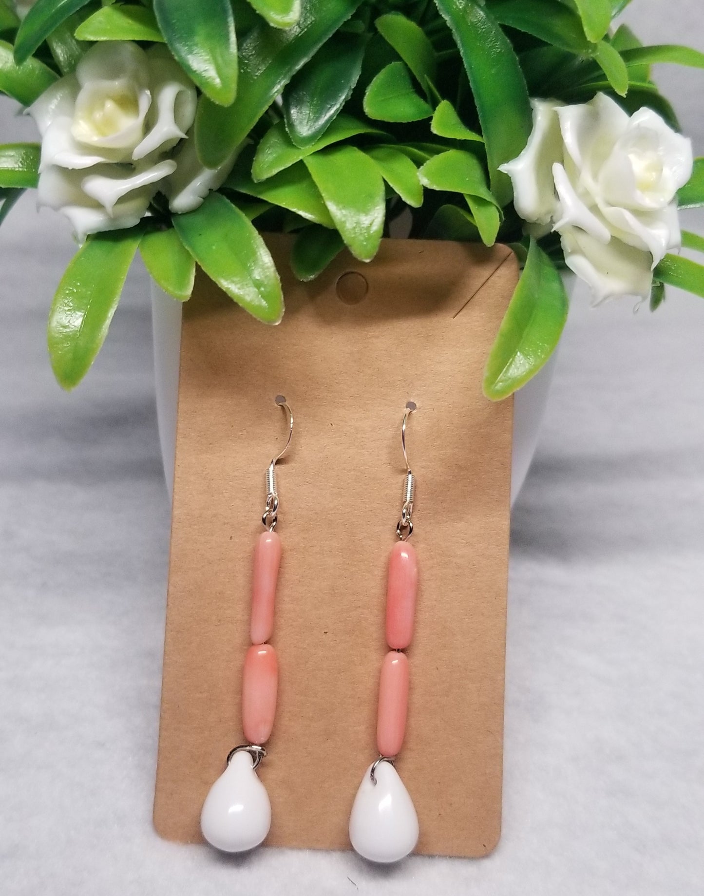 Peach and White Tear Drop Dangle Bead Earrings