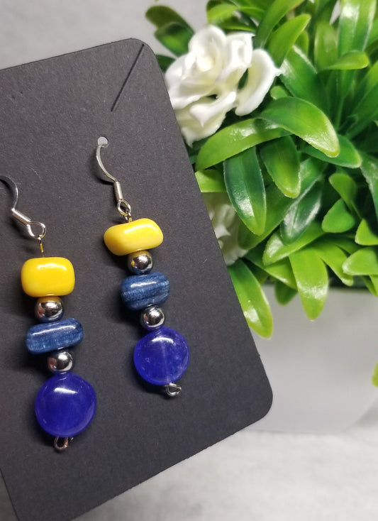 Yellow and Blue Triple Tier Dangle Earrings