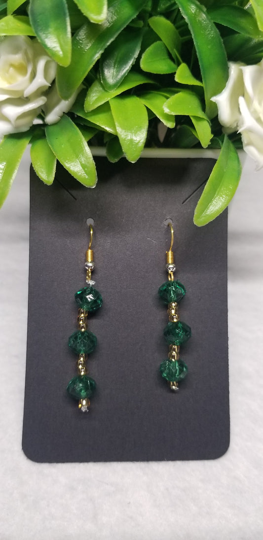 Green and Gold Beaded Dangle Earrings