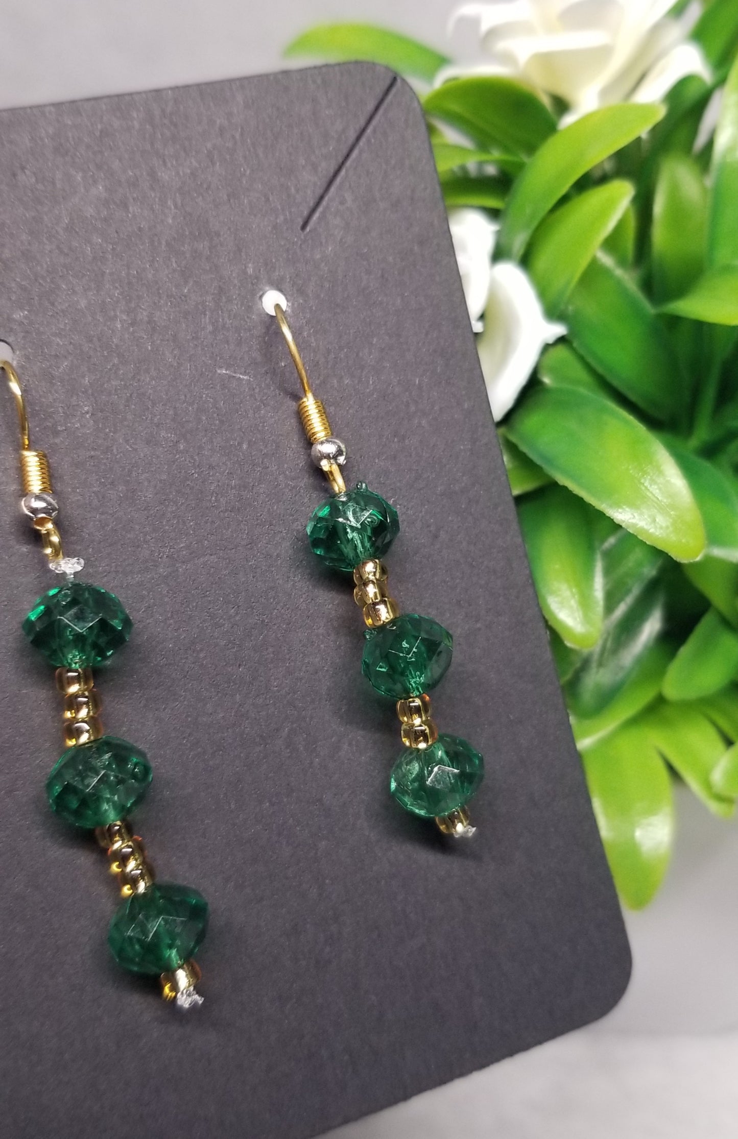 Green and Gold Beaded Dangle Earrings