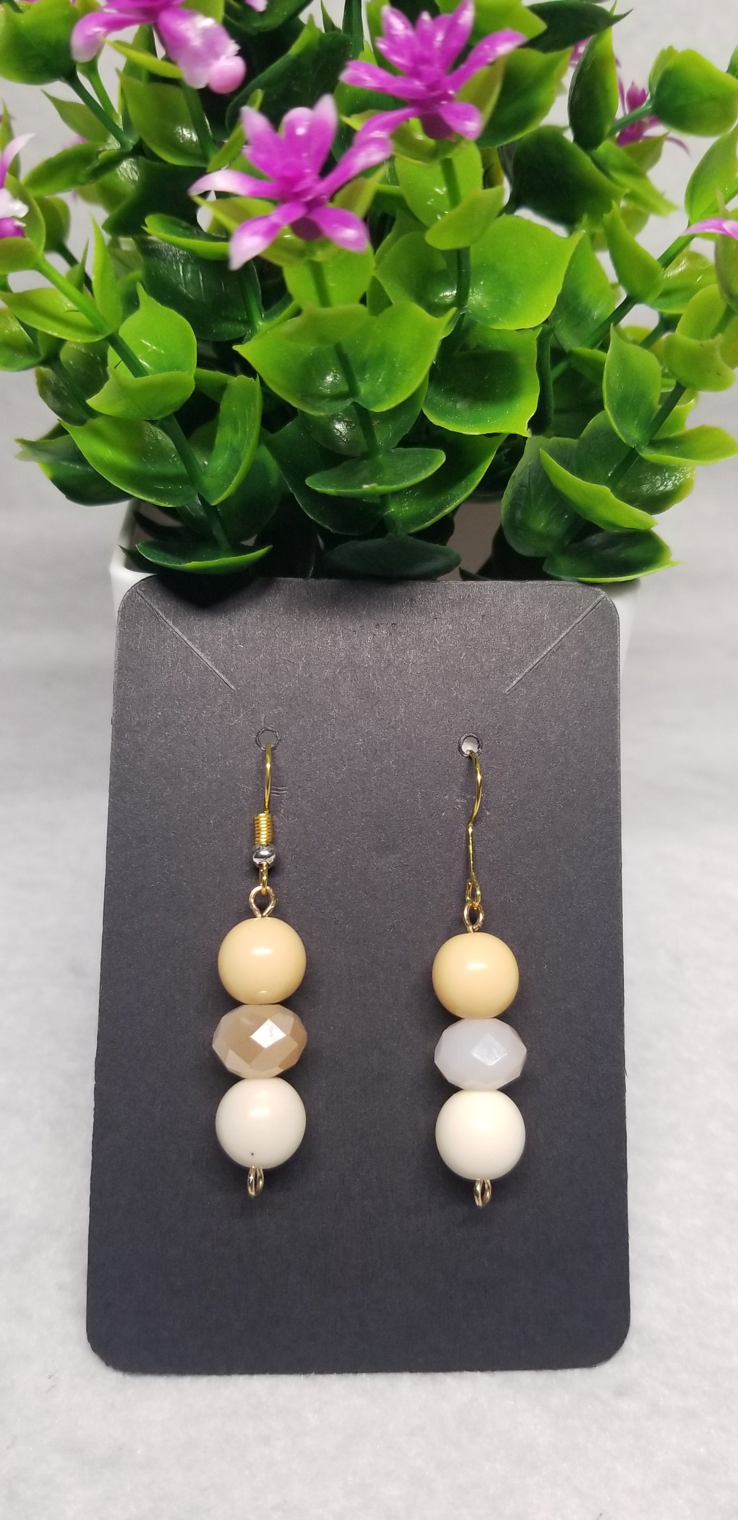 White and Tan 3 Bead Earrings