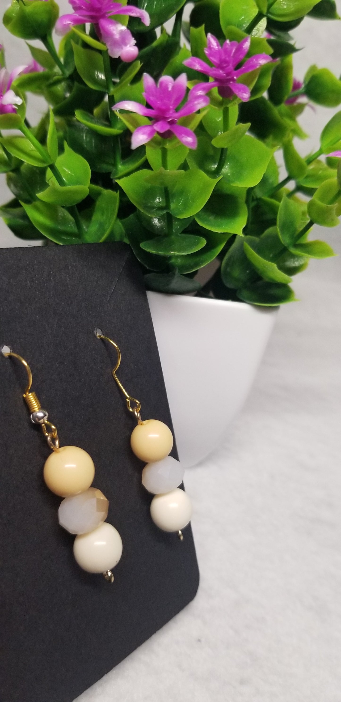 White and Tan 3 Bead Earrings