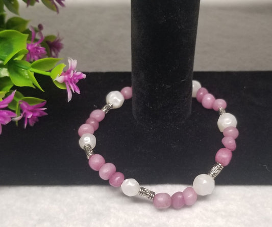 Pink White and Silver Beaded Bracelet