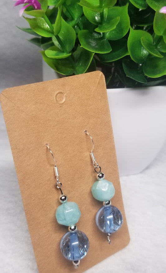 Teal and Blue Beaded Silver Earrings