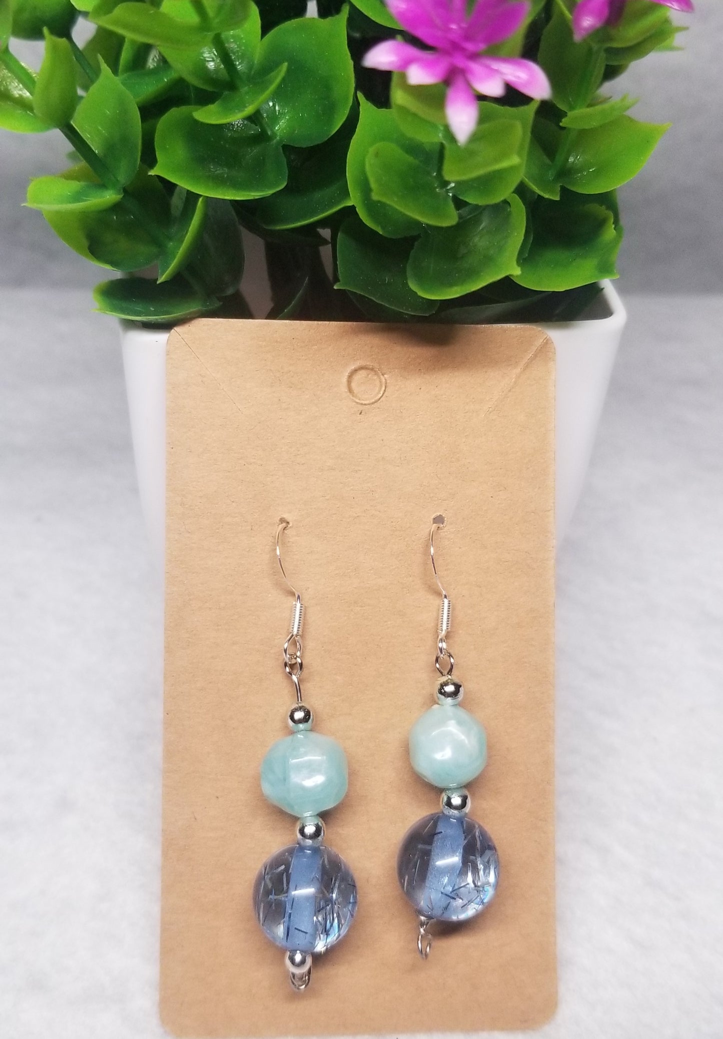 Teal and Blue Beaded Silver Earrings