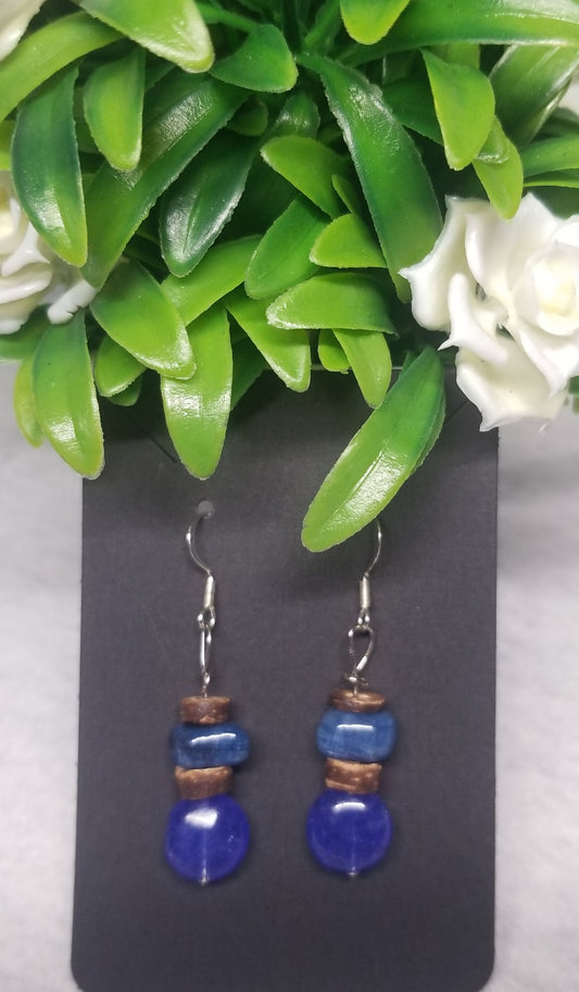 Blue and Brown Wooded Bead Earrings