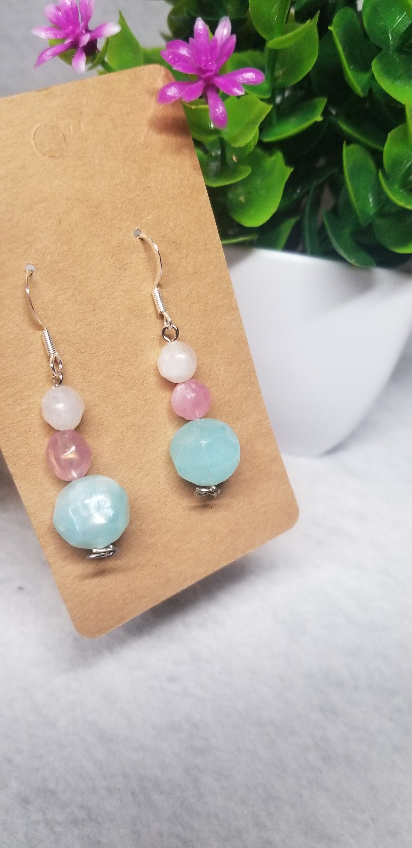 White Pink and Blue Dangle Earrings