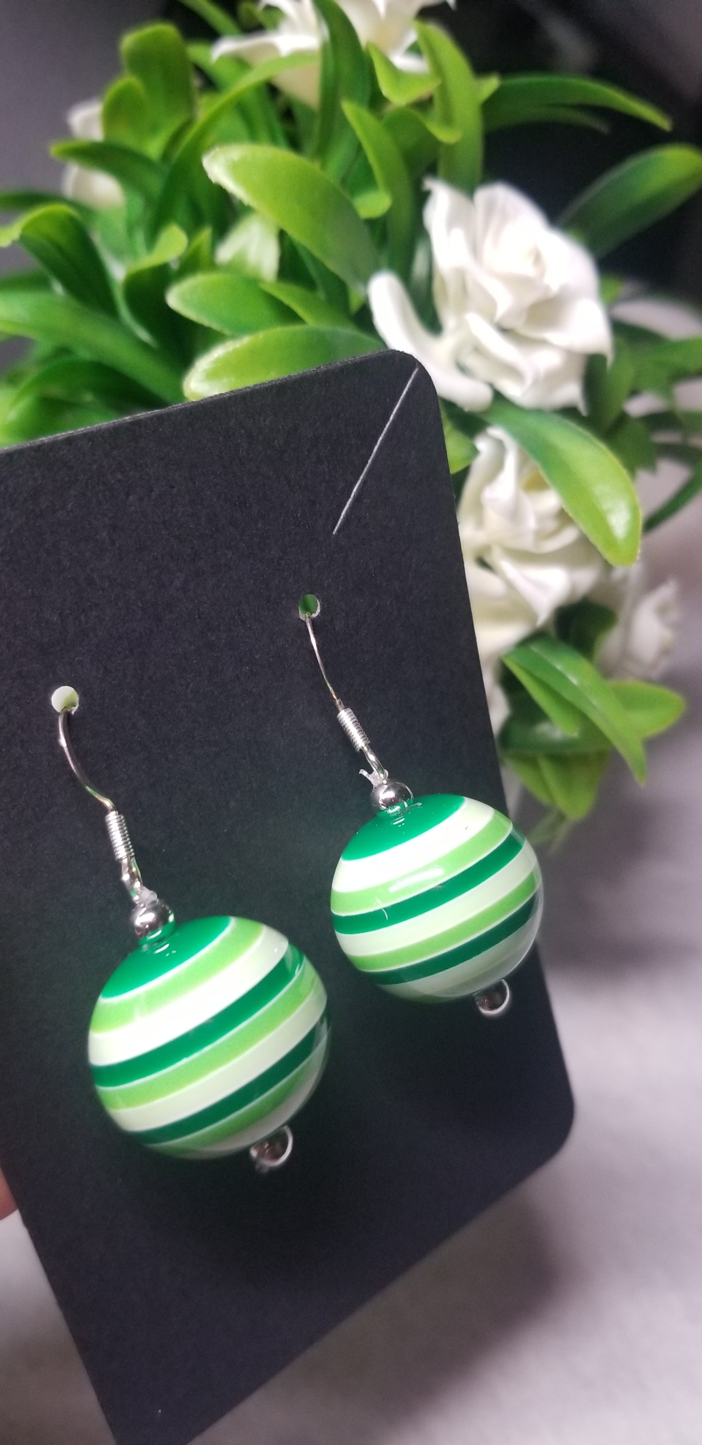 Green Striped Beaded Earrings