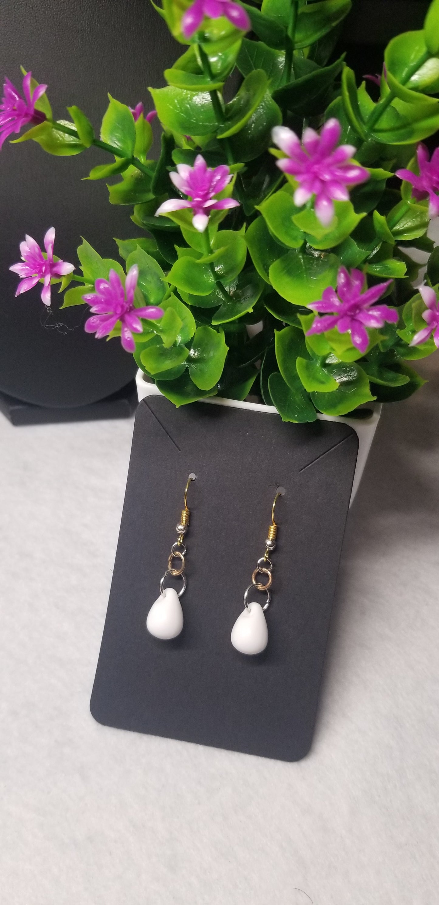 White Silver and Gold Tear Drop Earrings