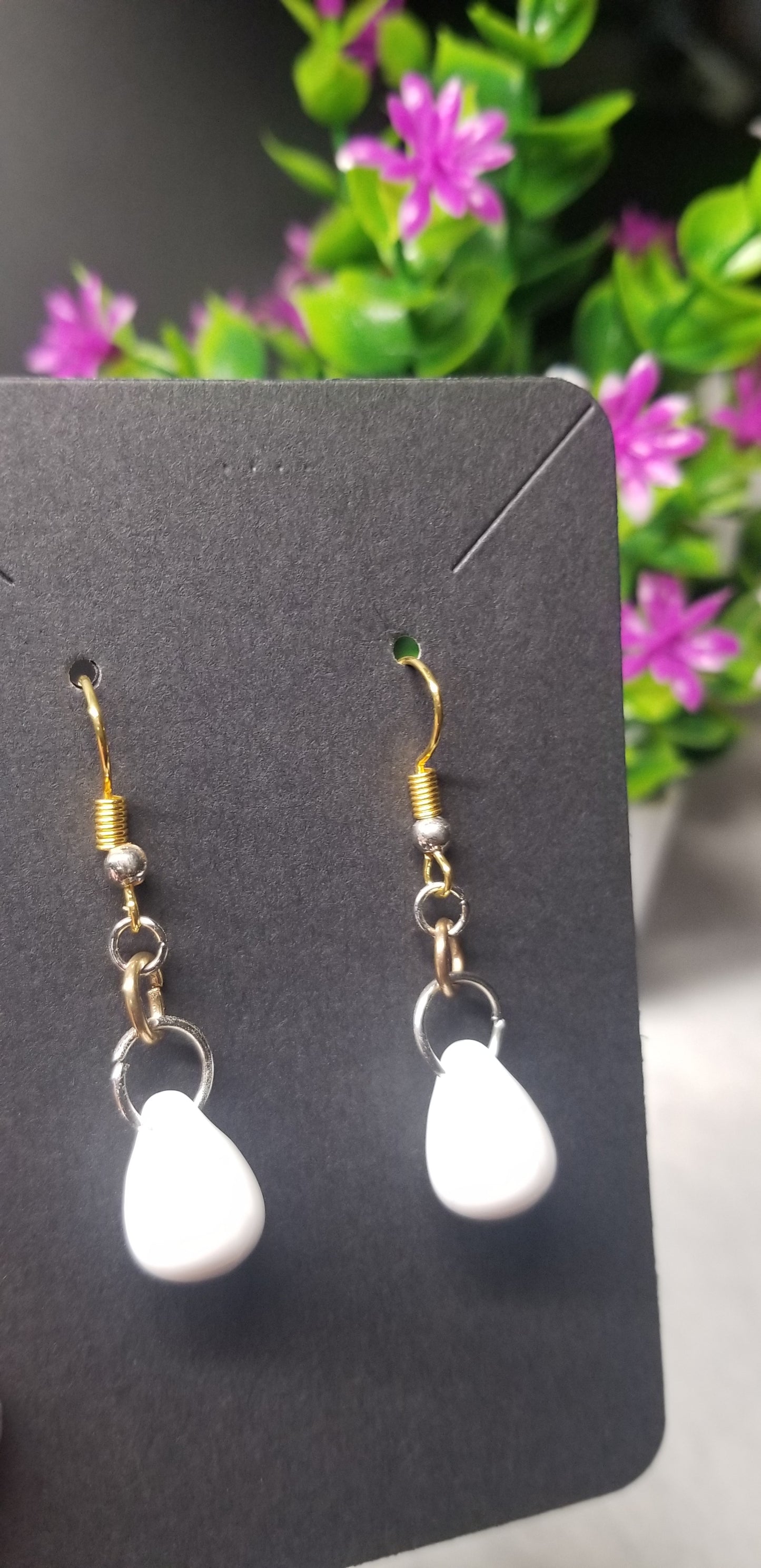 White Silver and Gold Tear Drop Earrings