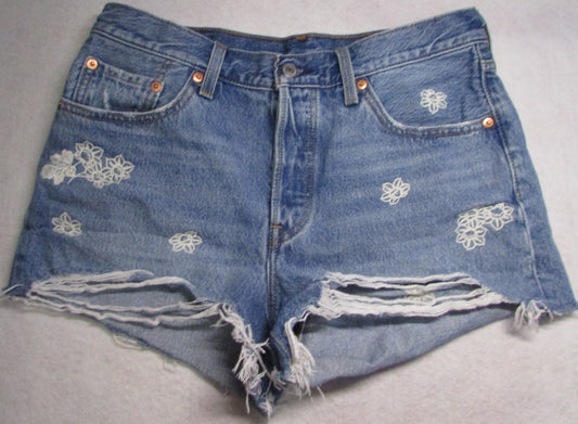 Levi's 501 Women's Denim Shorts With White Embroidered Flowers - Size W28