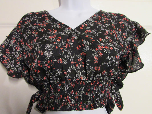 Black Floral Crop Top with Tie in the Back -  Womens' size XL