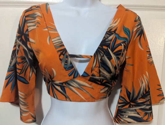 Shein Orange Tropical Crop Top with Bell Sleeves Size S