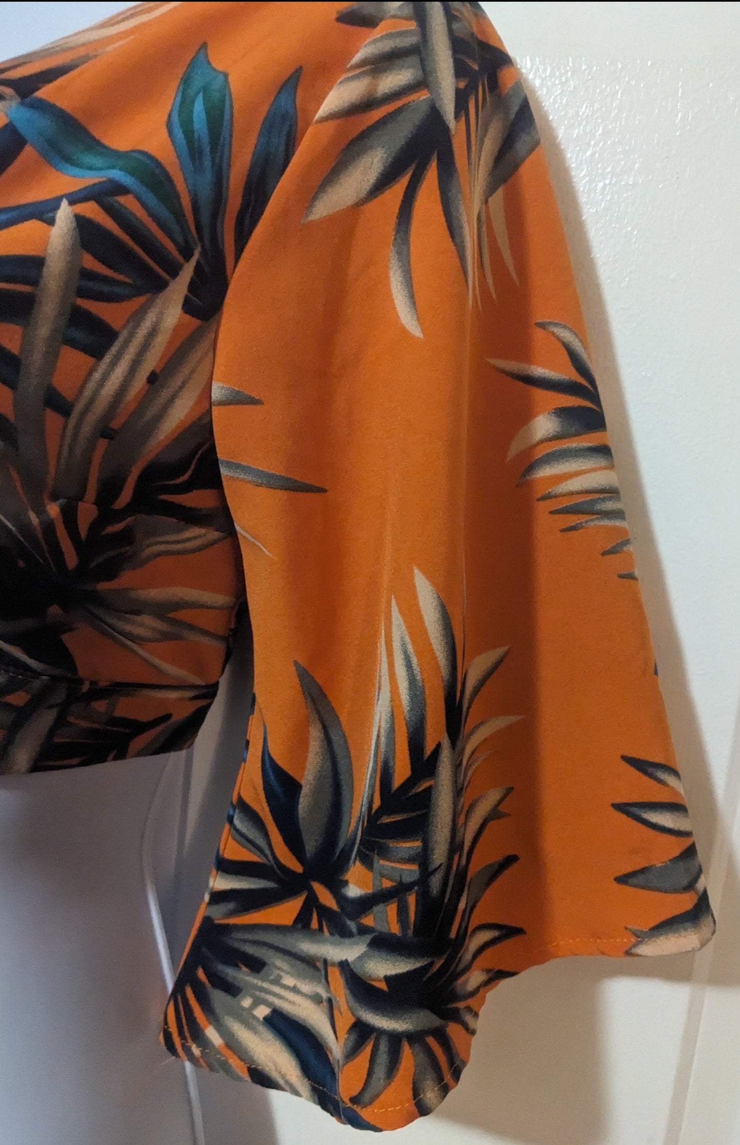 Shein Orange Tropical Crop Top with Bell Sleeves Size S