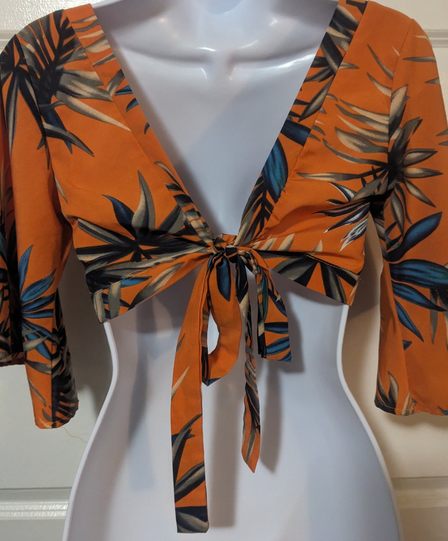 Shein Orange Tropical Crop Top with Bell Sleeves Size S