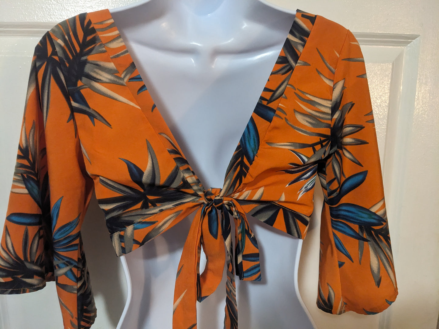 Shein Orange Tropical Crop Top with Bell Sleeves Size S