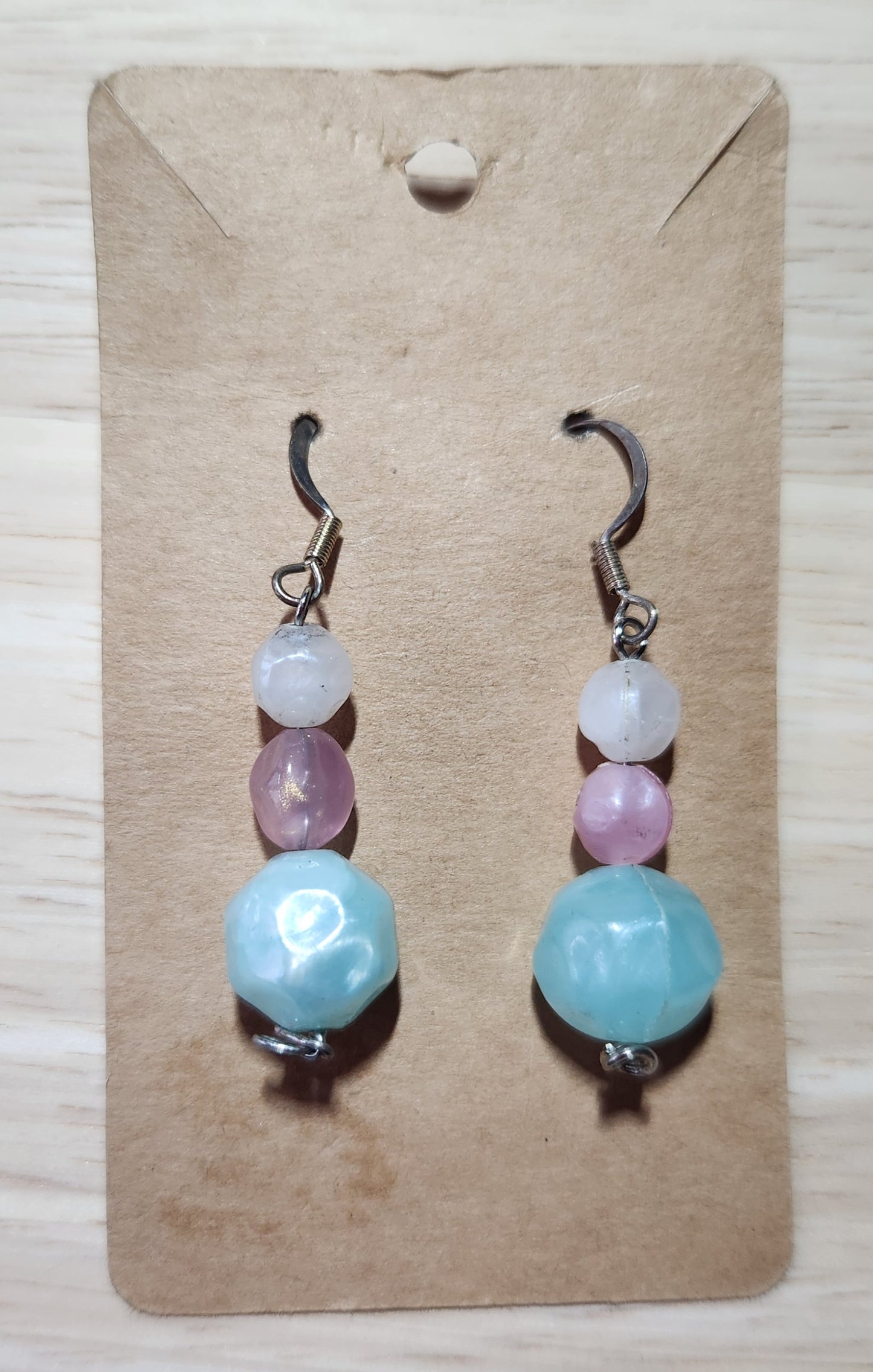Pink White and Blue Beaded Dangle Earrings