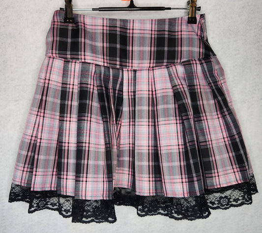 Romwe Pink Black Plaid Skirt with Lace